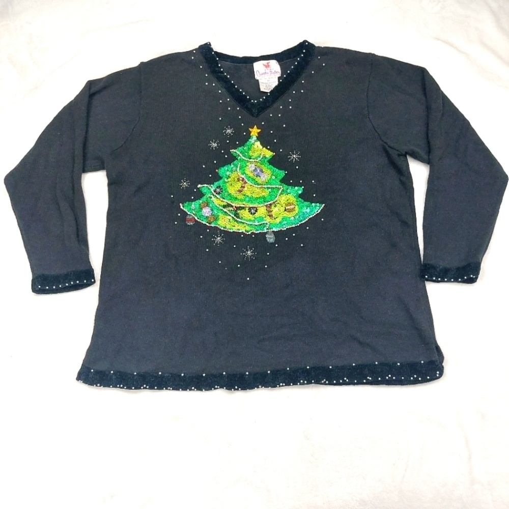 QUACKER FACTORY WOMEN VTG BLACK BEADED SEQUIN HOLIDAY CHRISTMAS TREE SWEATER 1X